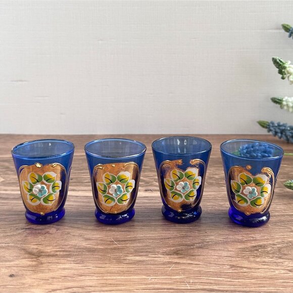 Vintage Venetian Glasses Cobalt Blue With Hand-Painted 24K Gold Gilt Floral Desi - Picture 1 of 9